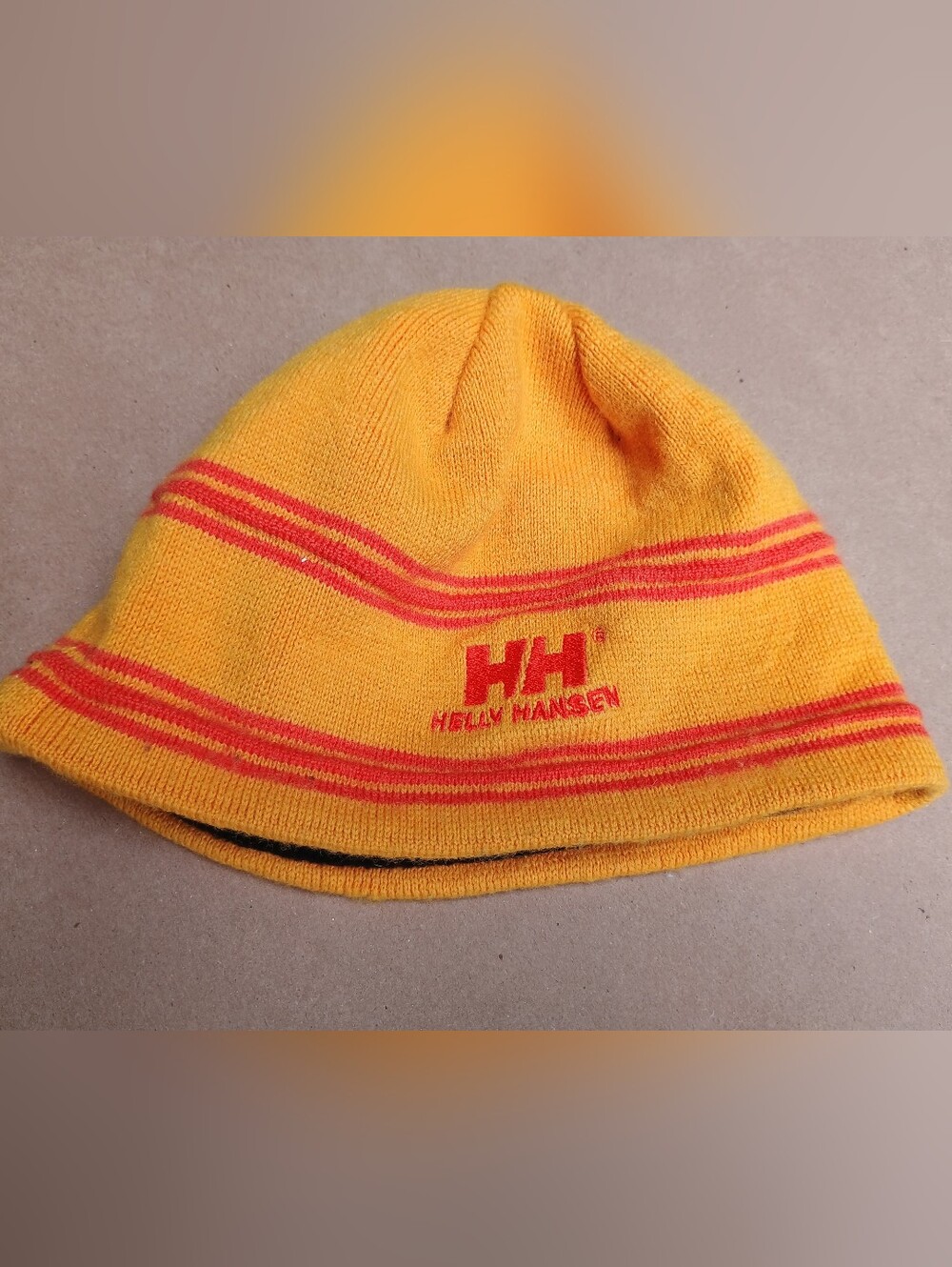 Helly Hansen Wool Yellow Beanie with Red Stripe Accents Ski Snow *Holes*